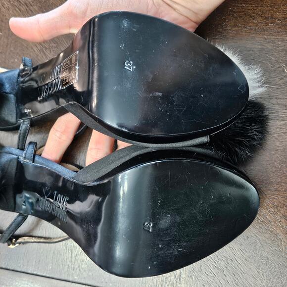 Love Moschino Satin Pom Pom Platform Heels Womens EU 37 US 7 Black Stiletto Y2K - Picture 10 of 12